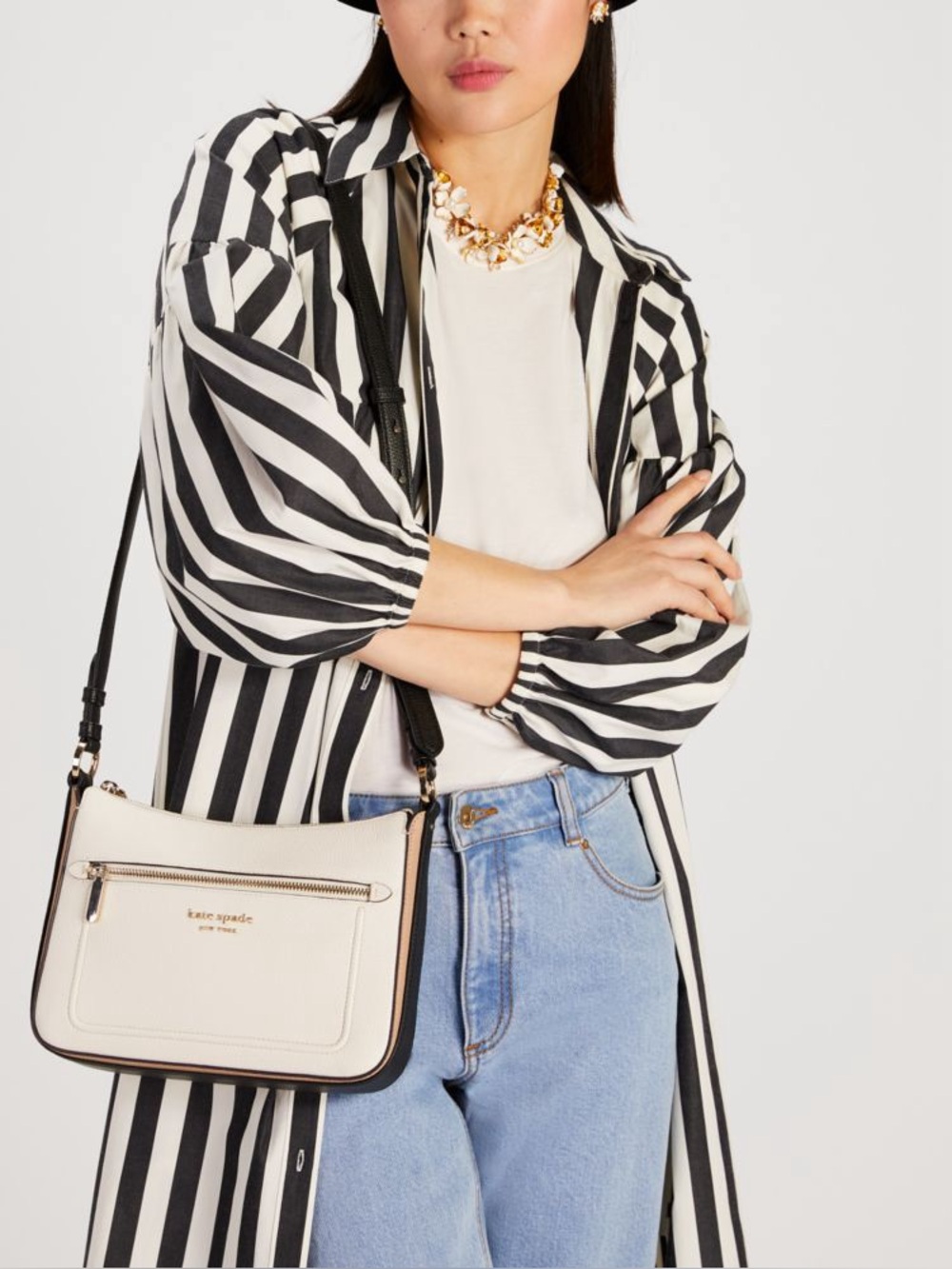 Kate Spade New York Hudson Cream Leather Colorblock Crossbody Bag